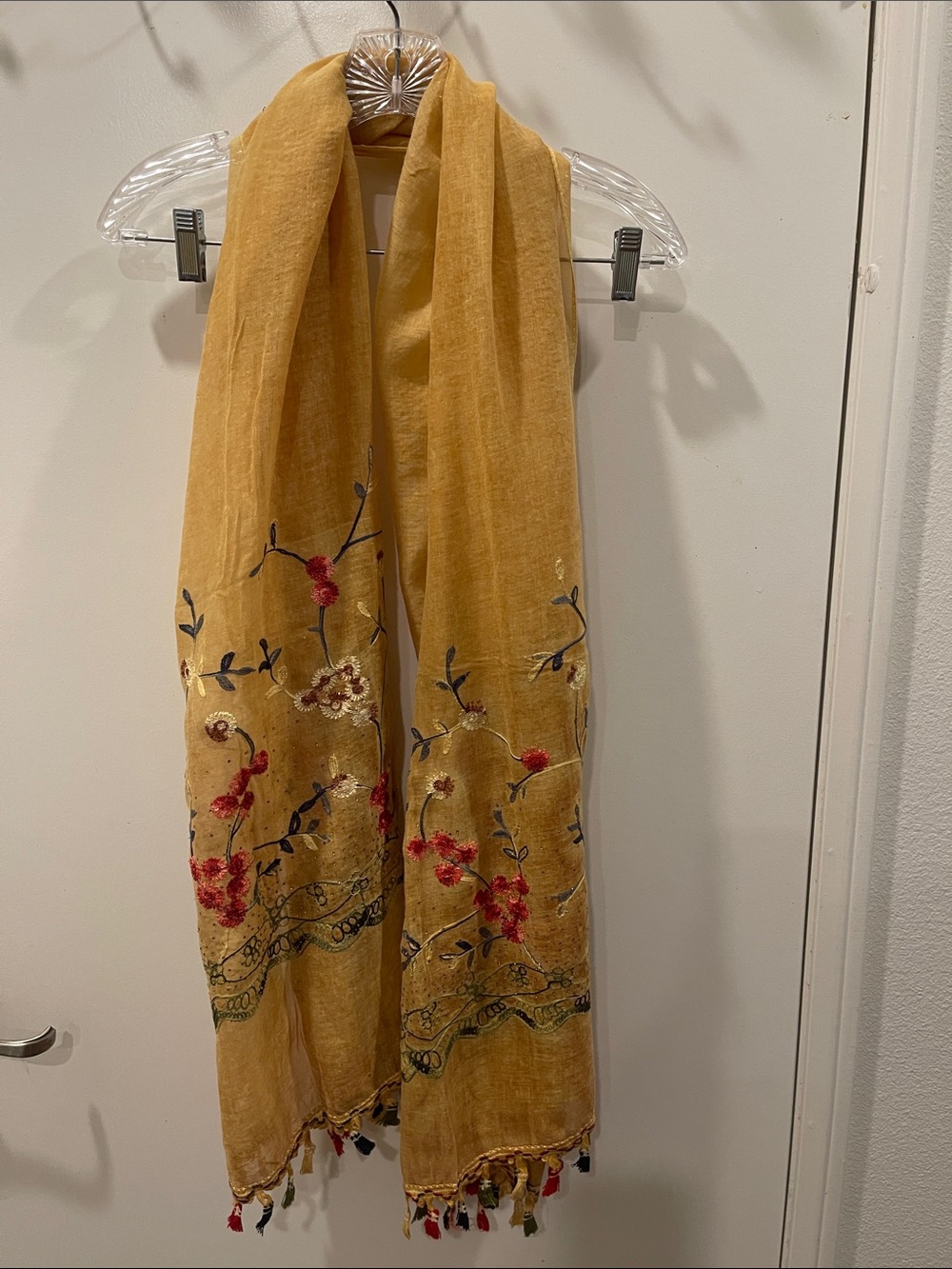 Mustard Yellow Embroidered Floral Scarf